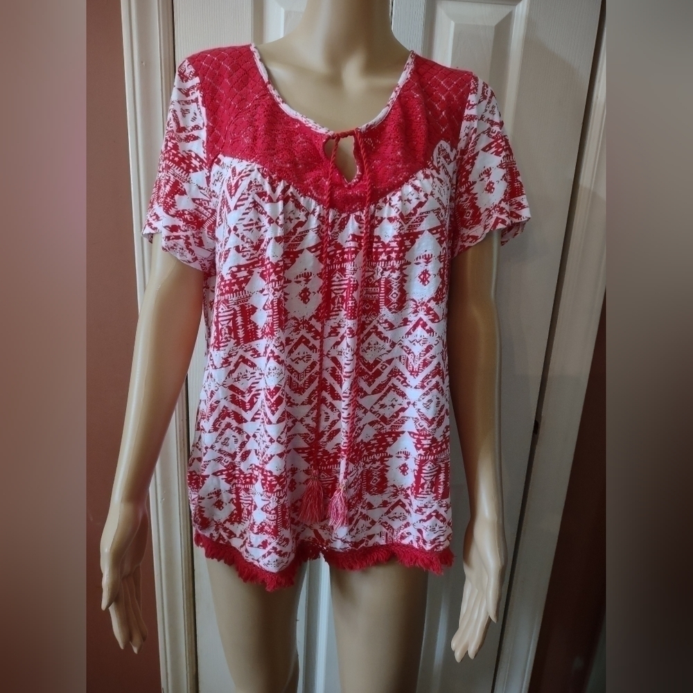 New Directions Weekend Women's Red And White Size Large Blouse Shirt Top